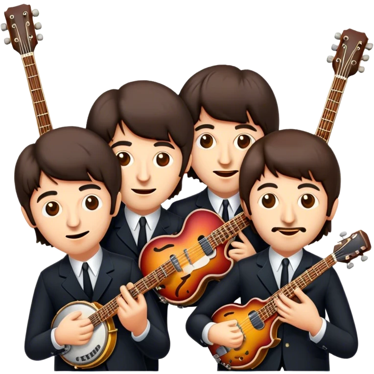 Cinematic Realistic The Beatles Group Emoji, depicted as an iconic band of four exuding playful charisma and musical genius with retro instruments and vibrant expressions, rendered with rich textures and nostalgic dynamic lighting that captures their legendary impact on pop culture. emoji