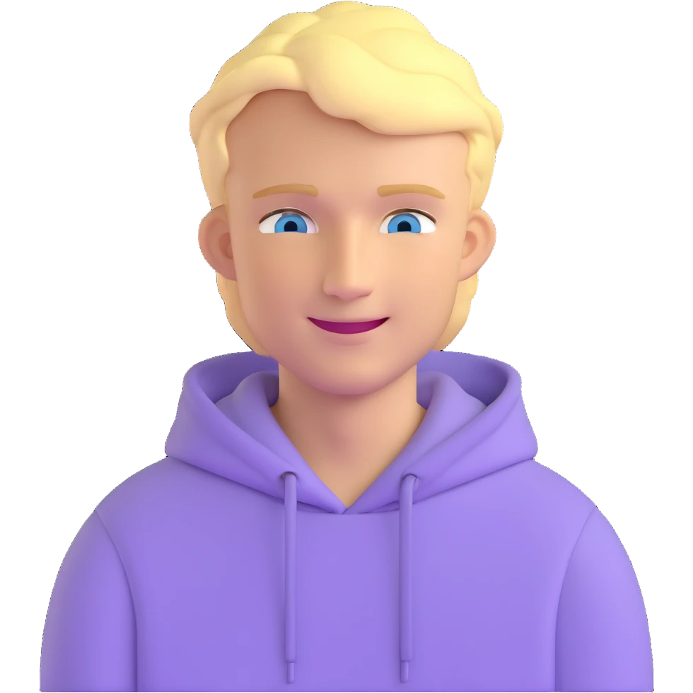 smiling blonde man with blue eyes in a lilac hoodie emoji