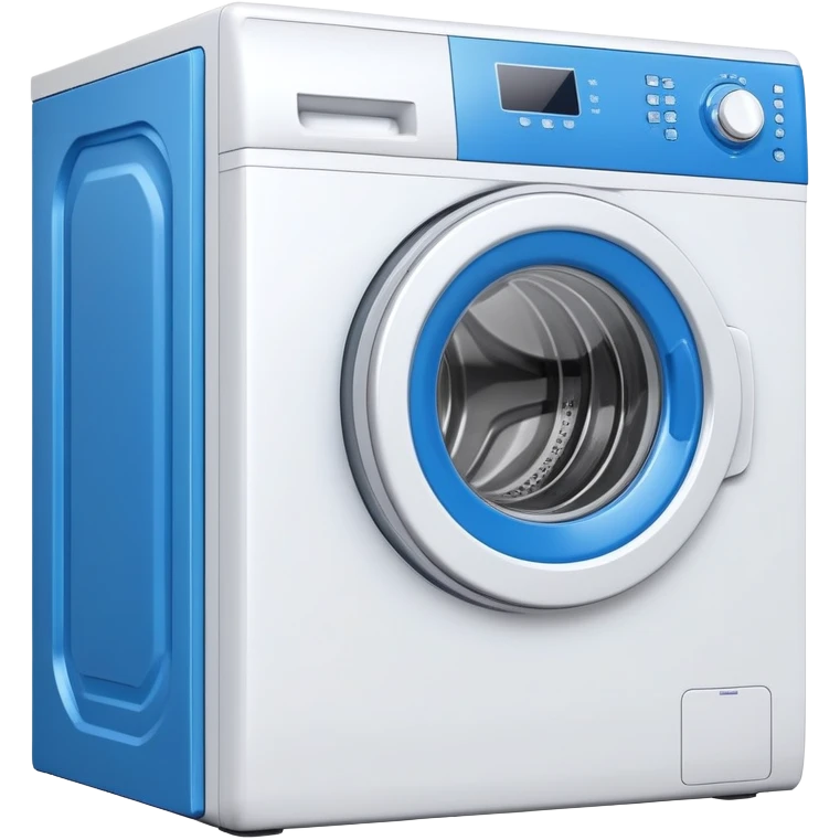 white washing machine with blue door and control panel emoji