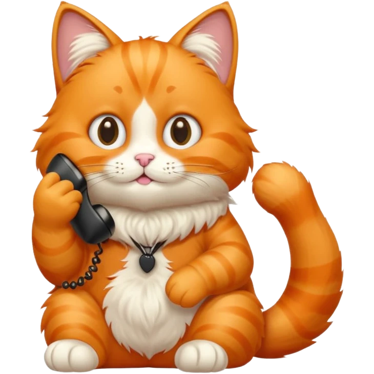 phone，The orange cat is sitting and making a phone call. emoji
