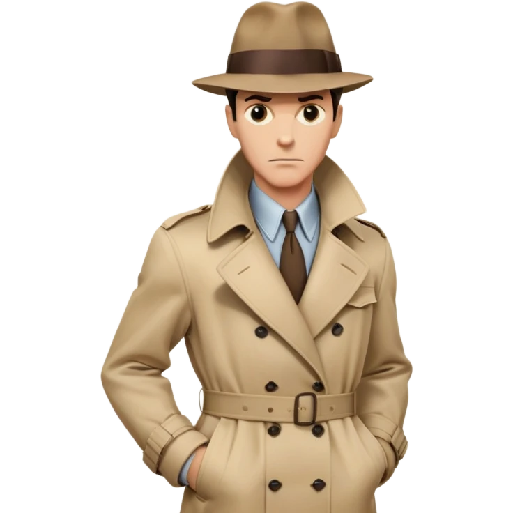 A classic cartoon-style image of Detective Casey, a tall, lean anthropomorphic character dressed in a 1940s-style detective outfit. He wears a beige trench coat, a fedora hat tilted slightly forward, and dark slacks. His expression is focused and determined, with sharp eyes and a furrowed brow. One hand holds a magnifying glass, and the other is tucked into his coat pocket. The background is a misty city street or a plain white to highlight his noir detective vibe. emoji