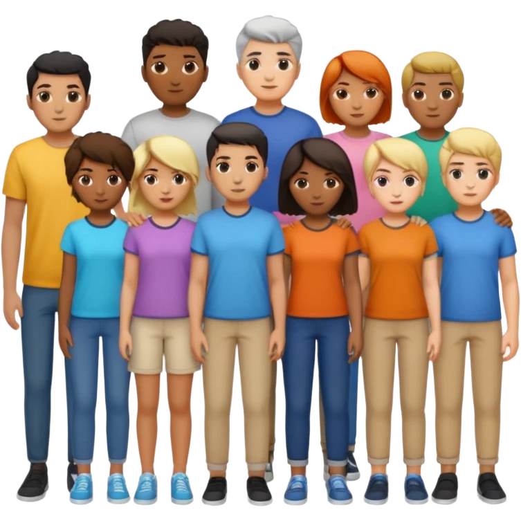 14 personagens de diferentes tons de pele e estilos de cabelo, vestindo roupas casuais em diferentes cores, todos agrupados lado a lado emoji