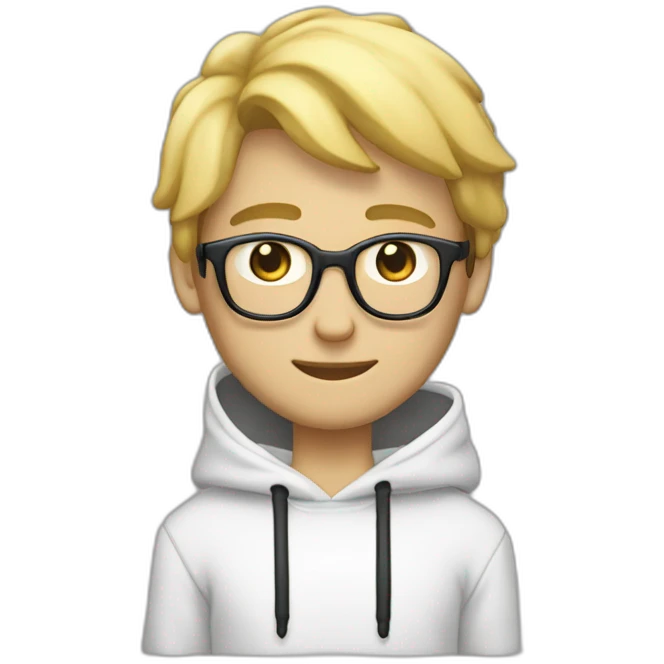 eenager with blond hair.  He is cross-eyed and wears black glasses.  He is also wearing a white hooded sweatshirt.  he has black eyes and a long face.  this guy is skinny and has a long neck emoji