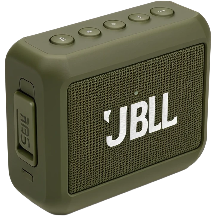 Khaki colored JBL Go 4 bluetooth speaker, small portable audio device, rugged design, army green, angled view emoji