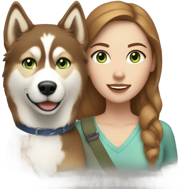 White Woman hair brown and bleus eyes and golden Husky With green eyes emoji