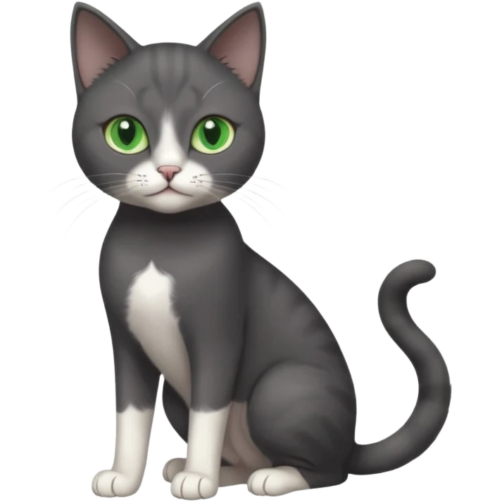 beautiful female solid dark grey cat with green eyes, white toes/paws and white patch on her chest playing emoji