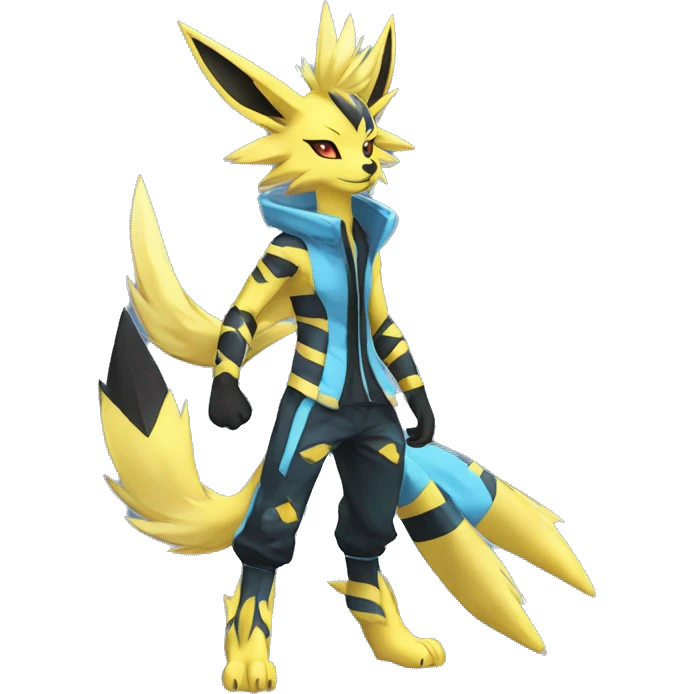 Anthro Edgy Cool Zeraora-Jolteon-Pokémon-Fakémon with shiny blue stripes Full Body Detailed High Quality emoji