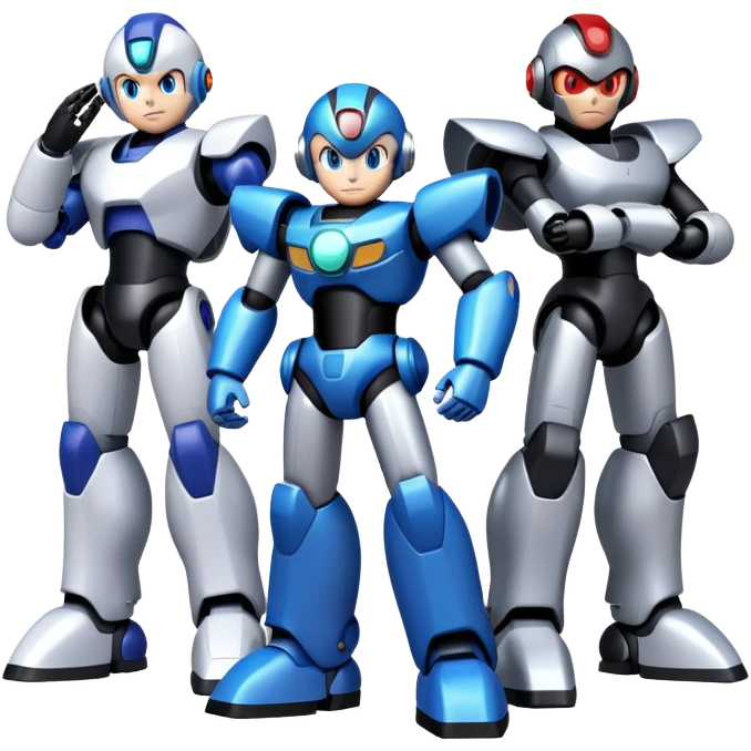 Megaman X, Zero, and Sigma as friendly robots standing together, video game characters emoji