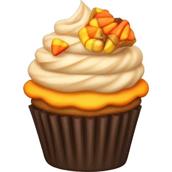 A cupcake decorated with tiny candy corn, autumn leaves, and a swirl of orange frosting. emoji