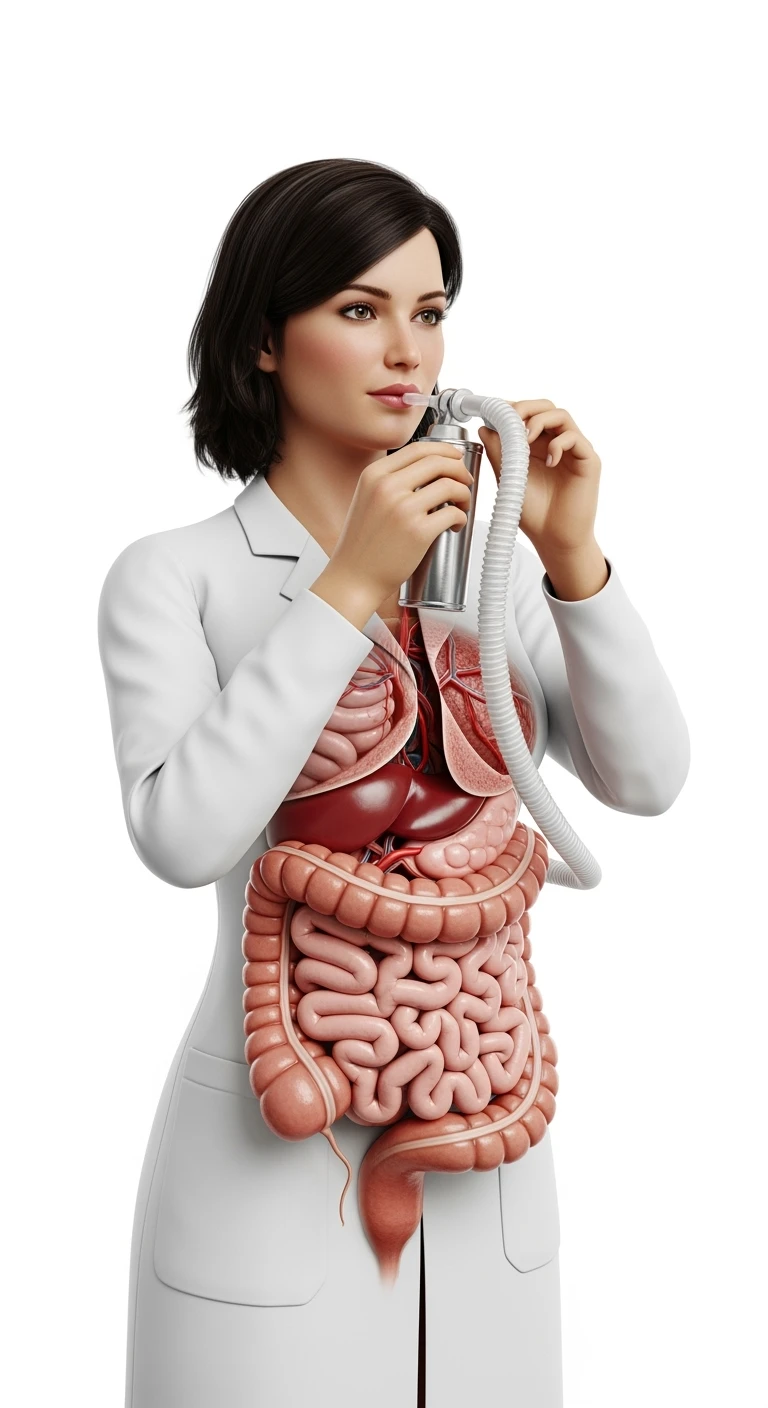 donna a figura intera con intestino anatomico realistico in evidenza che fa il "Breath test", iperrealistica 4k, sfondo bianco emoji