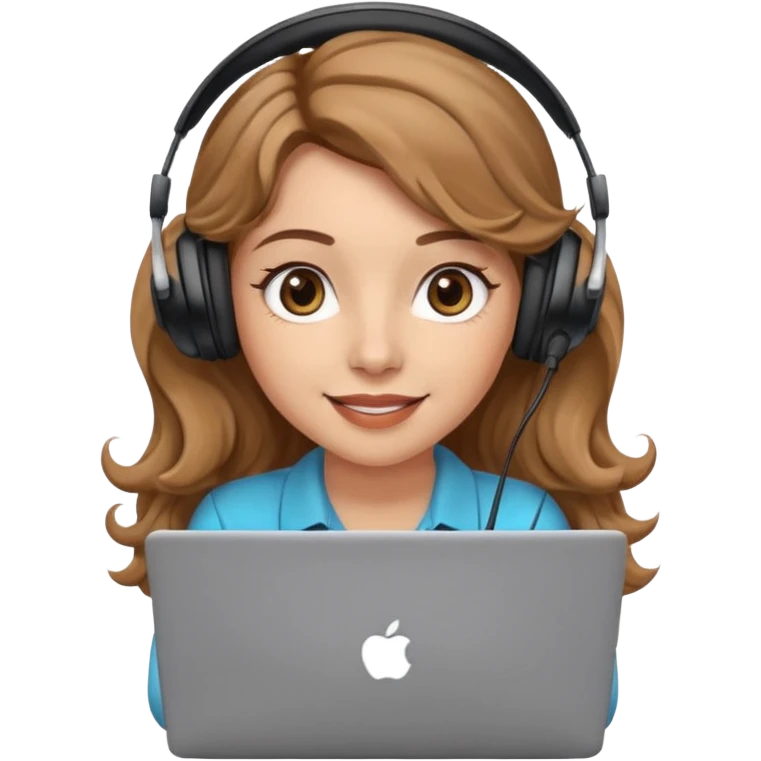 Women in front of laptop with a happy face, light brown wavy hair, light brown big eyes, light skin with a iced coffee on the side emoji