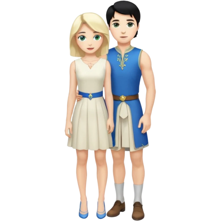 prince, standing upright, black Hair, blue eyes, garment,  woman, bending knee, white sleveless dress, blonde hair, green eyes, emoji