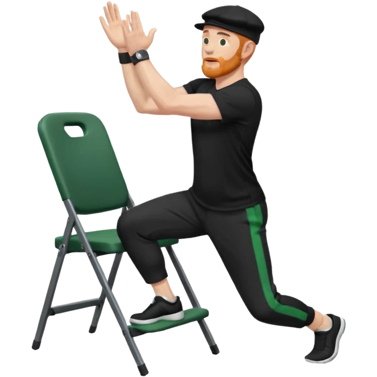 גבר זקן ג'ינג'י מלא כובע שחור הפוך חולמה שחורה ומכנסיים ירוקות ארוכות מבצע תרגיל לאנג' בתמיכת כיסא מהצד שתי רגליים על הרצפה מח^זיק כיסא בידו  תמיכה קלה ידו על משענת הכיסא emoji