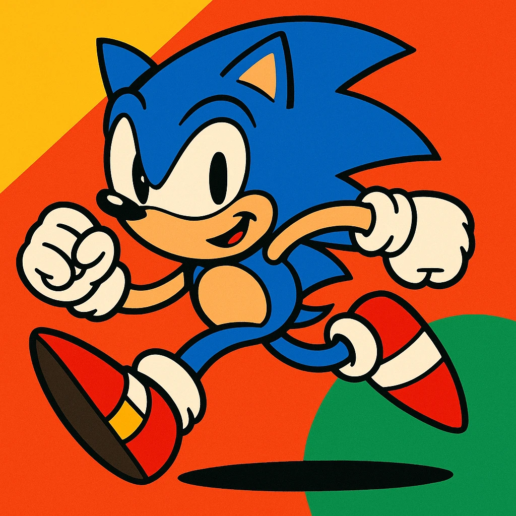Sonic the Hedgehog, blue cartoon hedgehog with red shoes, energetic pose, vibrant toon style emoji
