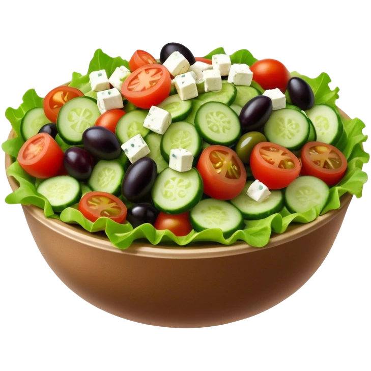 Cinematic Realistic Greek Salad Dish Emoji, depicted with crisp lettuce, tomatoes, cucumbers, olives, and feta cheese rendered with vibrant textures and fresh, natural lighting. emoji