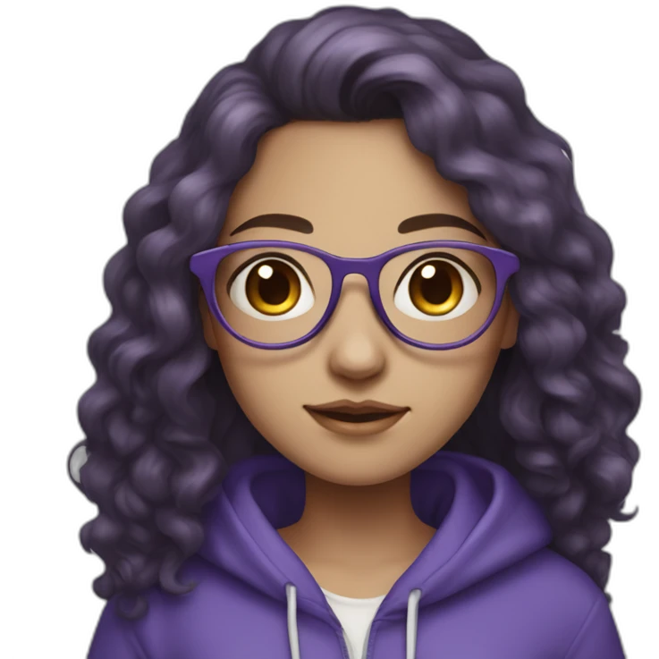 full length girl in a purple hoodie, glasses with big blue eyes and white skin and curly dark browny long hair emoji