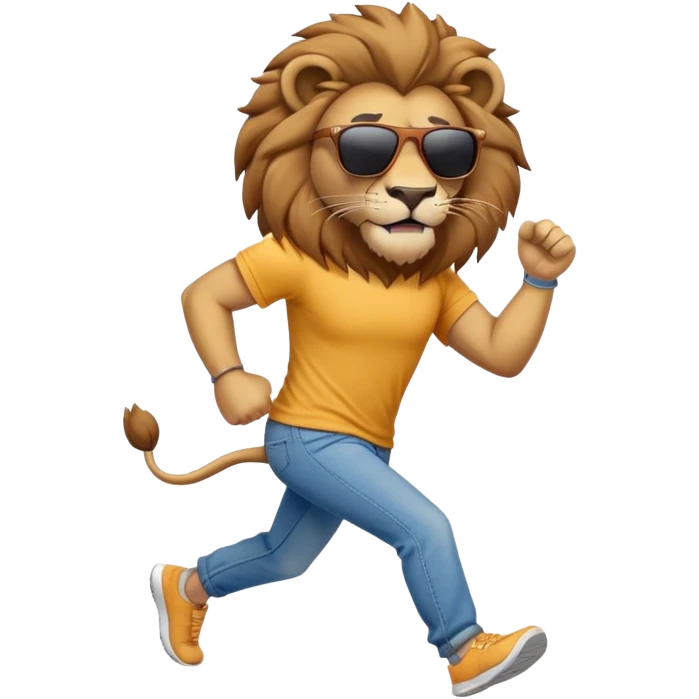 friendly anthropomorphised lion in jeans and a t-shirt, wearing dark sunglasses, jogging upright in standard pose emoji