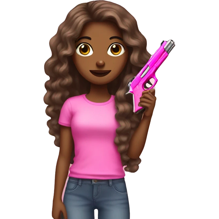 Long hair brown Girl hand pink nails holding pink gun emoji