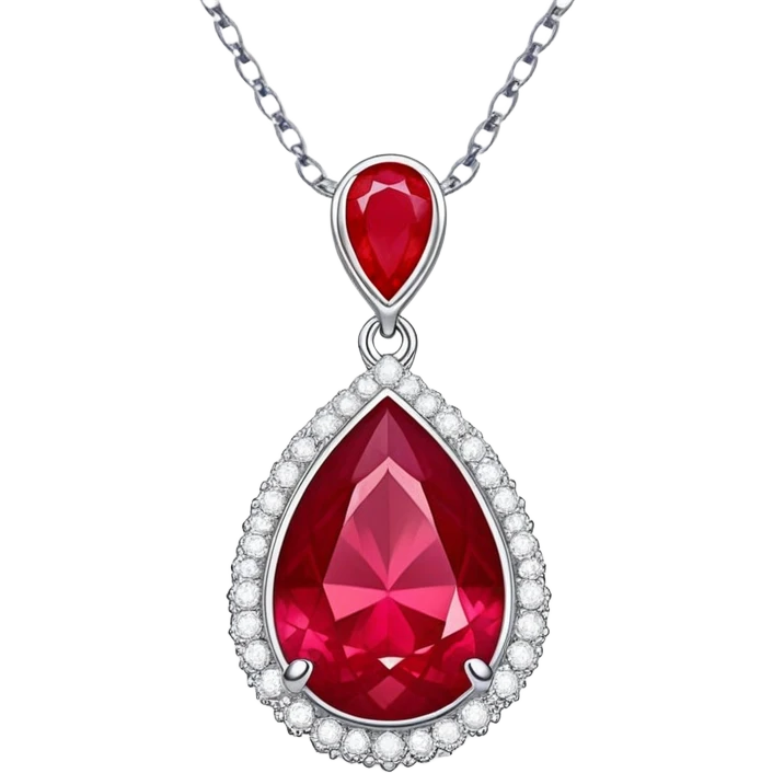teardrop ruby pendant on silver chain, surrounded by white stones and radiant aura emoji