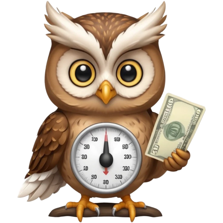 cute female mascot owl holding money scale with two sides emoji