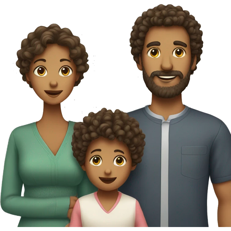 Family of three, a curly hair mom, dad with beard and baby emoji