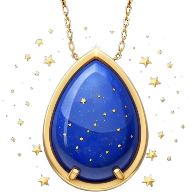 lapis lazuli stone in original form, cradled by a shimmering gold chain, surrounded by tiny stars emoji