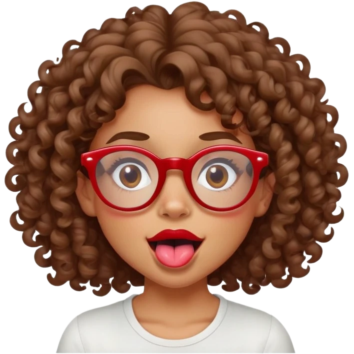 tan girl with curly brown hair and red glasses  sticking tongue out  emoji