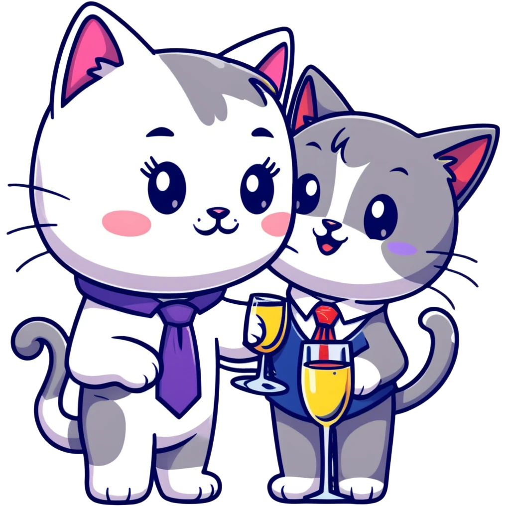 happy girl cat with eyelashes wearing a colorful necktie and happy boy cat wearing a professional necktie clinking champagne glasses together in celebration, both with cheerful expressions emoji