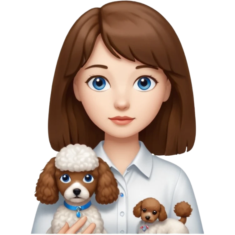 Kobieta z długimi brązowymi włosami, grzywką i niebieskimi oczami. Ubrana jest w białą koszulę. Trzyma na rękach małego brązowego pudelka. emoji