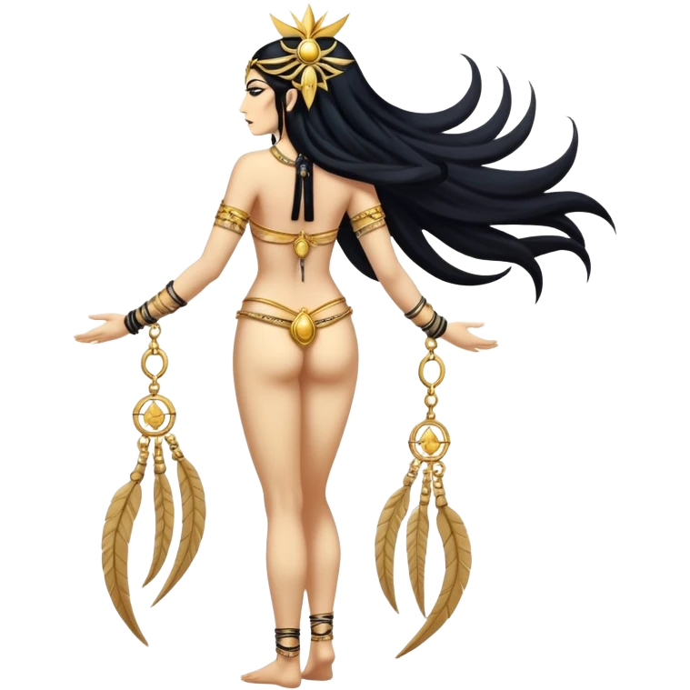 fullbody back view of Anunnaki goddess Inanna with long flowing black hair, Mesopotamian star symbols, exposed nude back, and gold bracelets on wrists and ankles emoji
