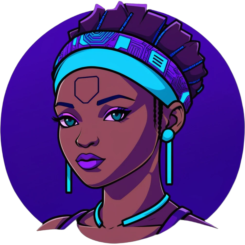 Cyberpunk African female portrait with digital augmentations, electric blue and purple lighting, high-tech headpiece with African pattern elements emoji