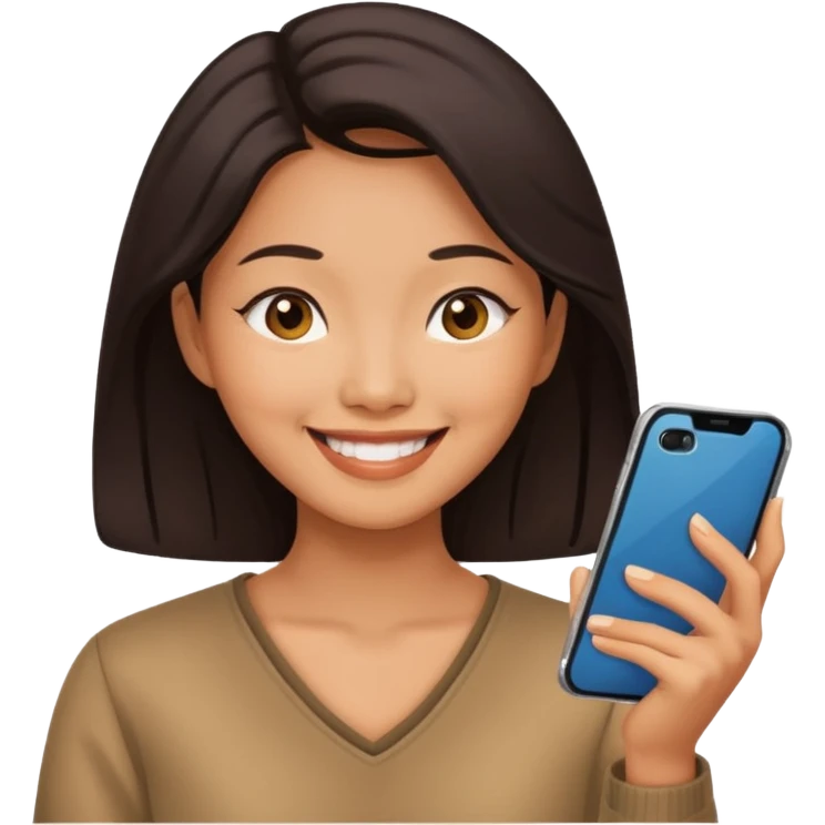 페르소나 요약 : 휴대폰을 보고 즐거워하는 여자, 40대의 아시아 여성이 휴대폰을 보면서 미소를 짓고 있어요. emoji