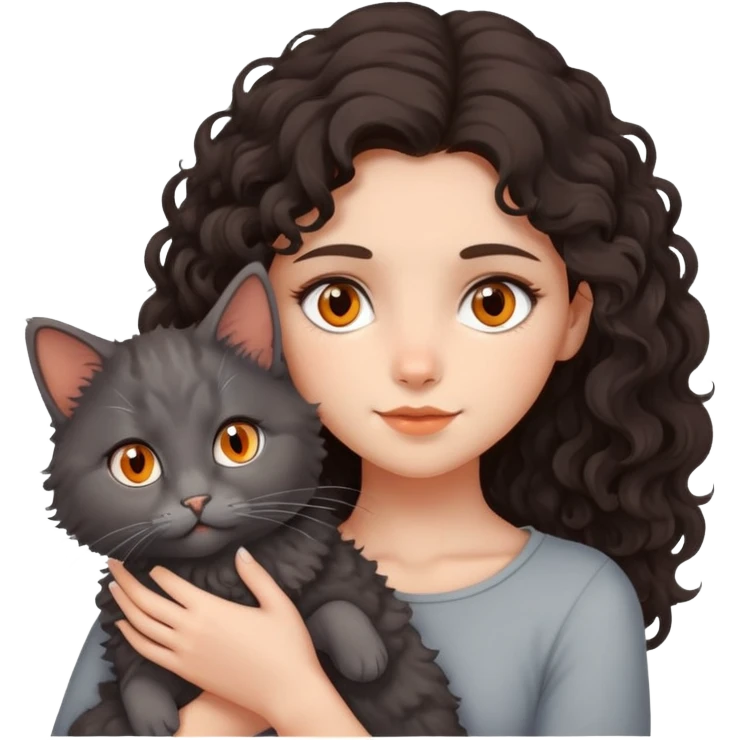 Girl with long medium curly dark brown hair holding cute grey fluffy cat with orange eyes and downturned ears emoji