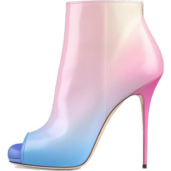 Realistic isolated top view of a pair of bubblegum pink,periwinkle off white,,pastel pink and pastel light blue ombre Jimmy Choo stiletto peep toe ankle boots. emoji