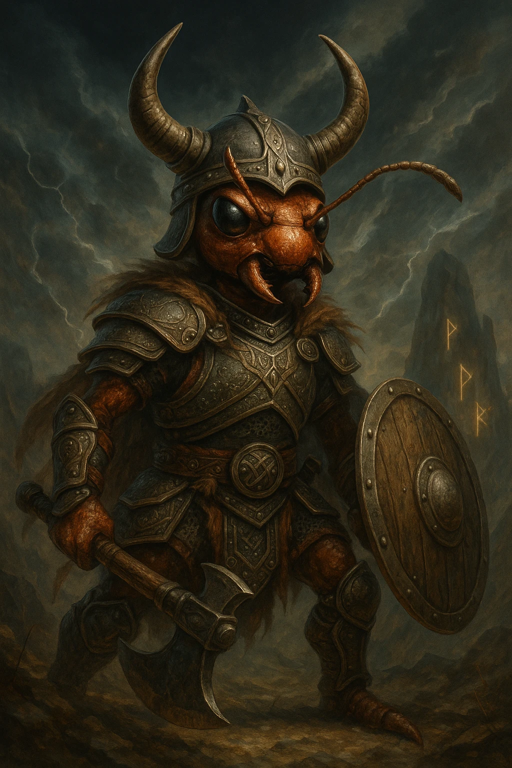 viking warrior ant, horned helmet, detailed armor, epic fantasy style emoji