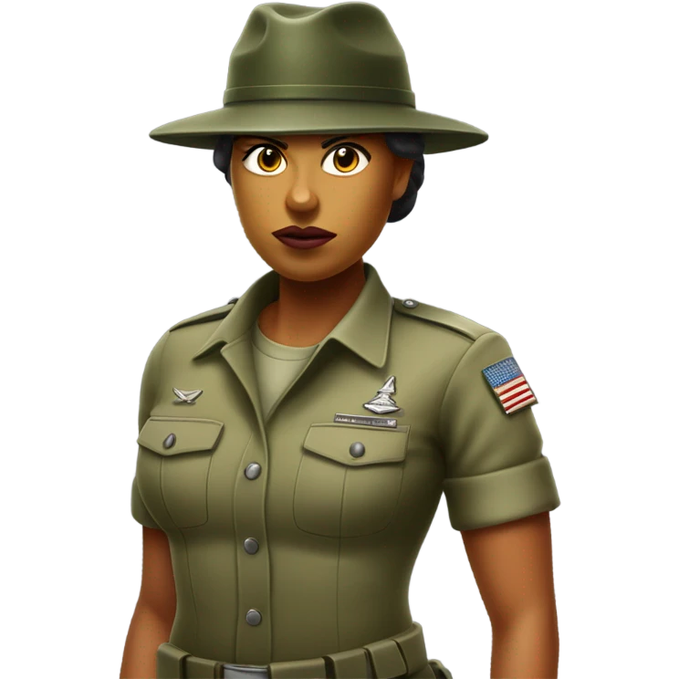 a female drill sergeant character wearing a classic sergeant hat and a camouflage army shirt. The character should have an angry intense expression. full torso emoji