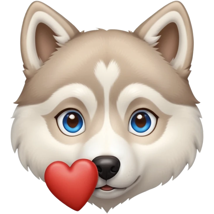 Beige husky with blue eyes holding a brown heart emoji
