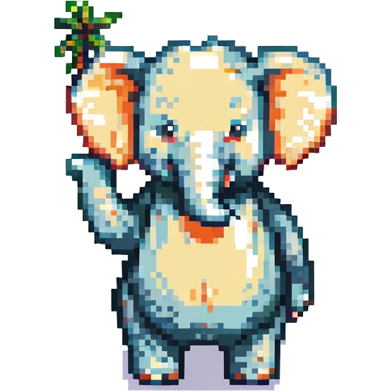 Cocofanto elephanto, pixel art style, waving trunk, chubby body, cheerful expression emoji