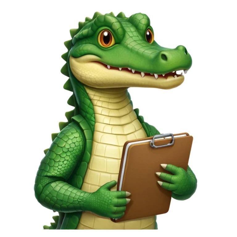A 1980s style image of a gator with a clipboard and a pencil, offwhite background emoji