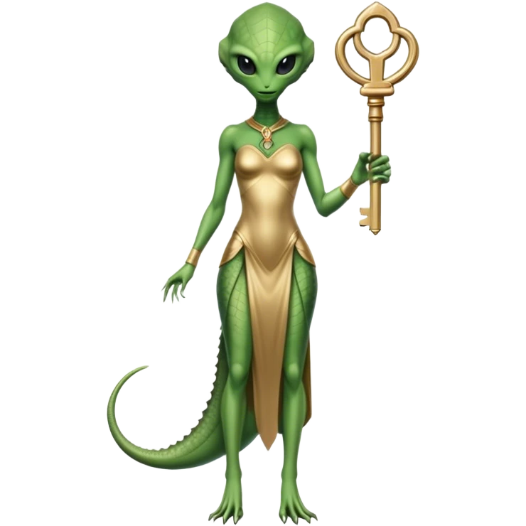 a reptilian alien woman full body, in gold dress, hold big key emoji