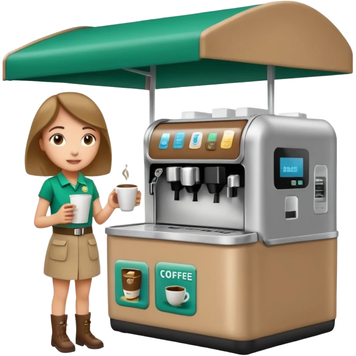 Very busy Girl Scouts selling coffee at her roped-off and covered booth stand by the side of the road with their own robotic looking coffee machine accepting all forms of payment  emoji