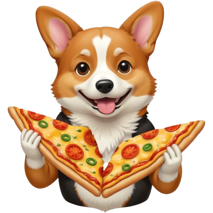 black tri-color corgi eating pizza emoji