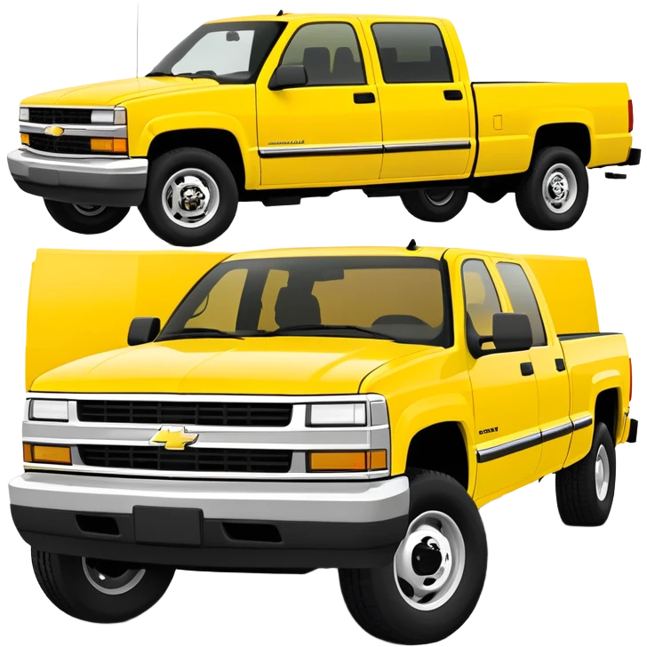 Minimalist bright yellow 1997 Chevrolet C-2500 Crew Cab Silverado truck, three-quarter view at 30 degrees, simplified design, same yellow color as in Kill Bill movie, iOS emoji style emoji