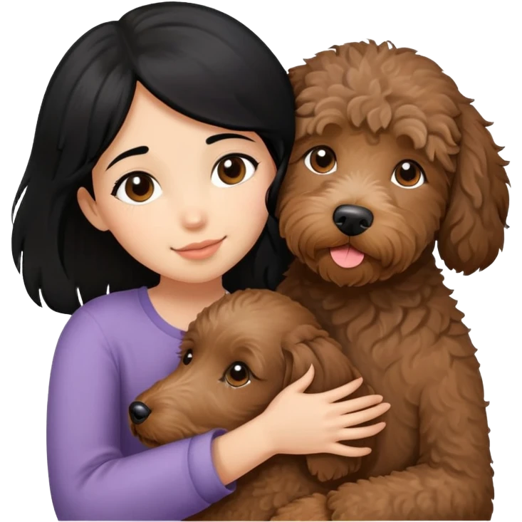 One girl with medium long black hair, hugging One little brown coated labradoodle. emoji