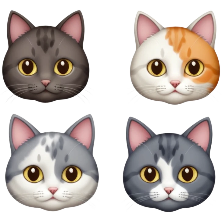 4 different coloured short haired cats including; a dark brown and white cat, and a dark grey and white  emoji