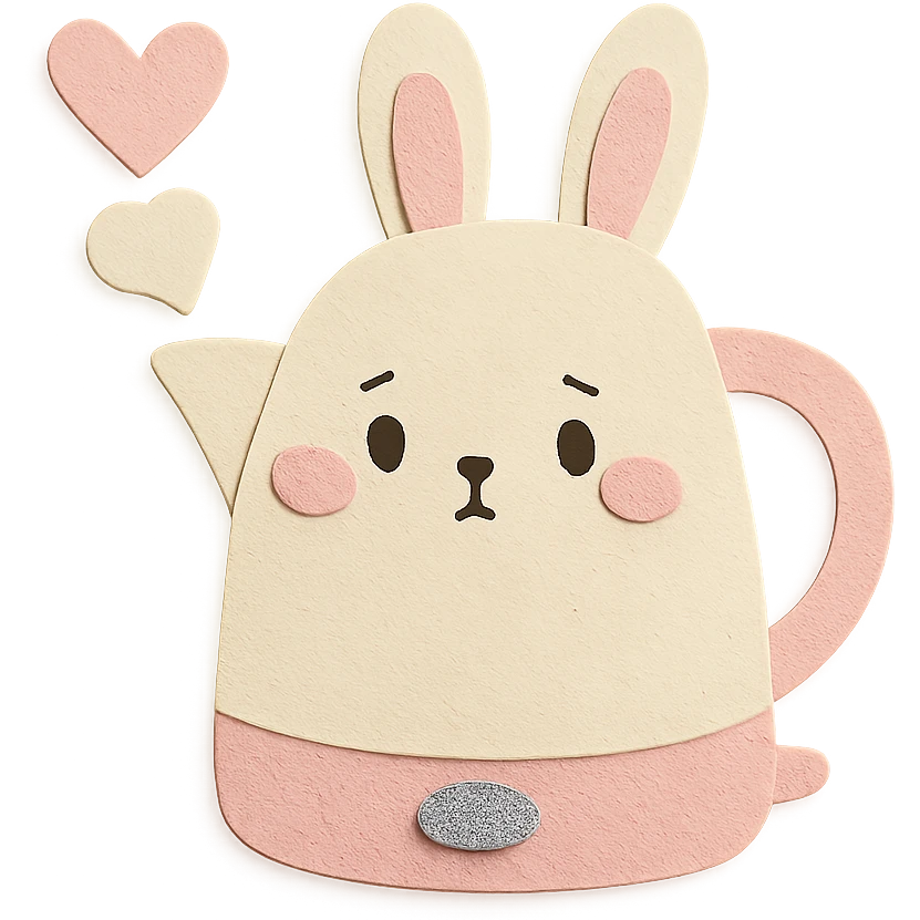 kawaii electric kettle shaped like a shy bunny, steam heart, pastel white and pink, full-body emoji
