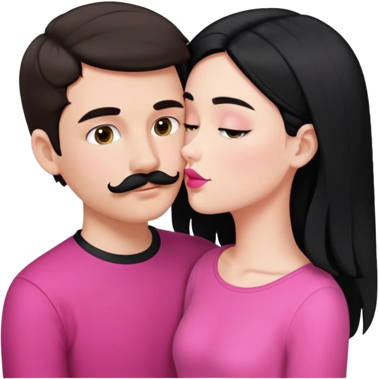 Brunette boy with short hair and black mustache wearing black clothes, kissing white girl with long black hair wearing pink clothes emoji