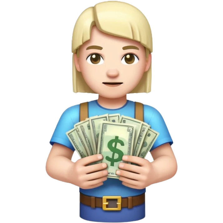 emoji style icon, minecraft blocky character holding a stack of money, pixel art style, bright colors, simple background, 3D glossy emoji, centered composition, soft shadow, high detail, clean outline, white background emoji