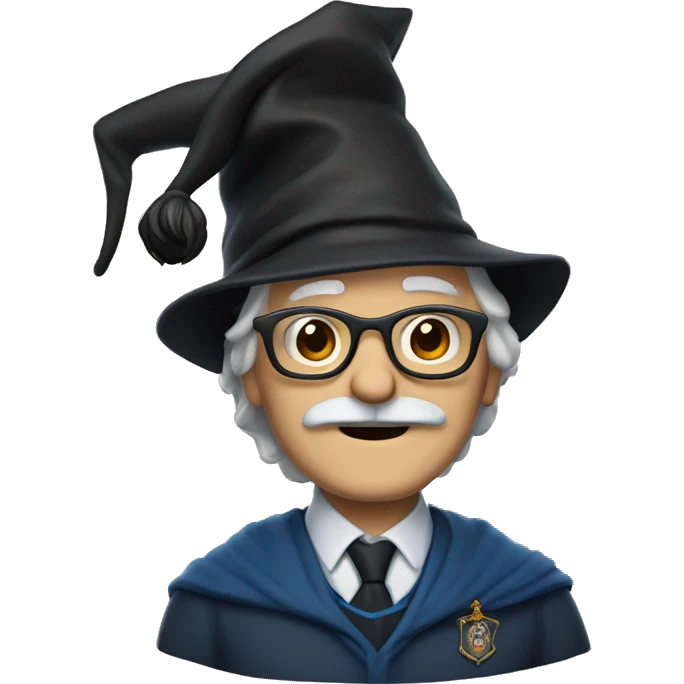 older man with white skin, black longer hair, mustache, glasses, with a magic hat, ravenclaw emoji