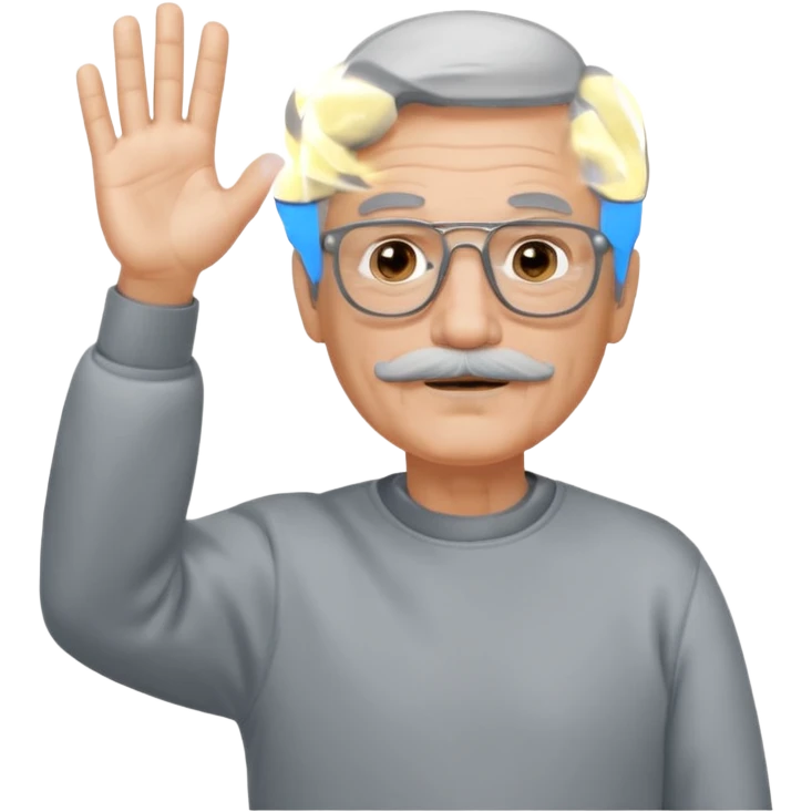 60 yr man partial gray hair parted in center, mustache, light glasses, sweatshirt waving hello emoji